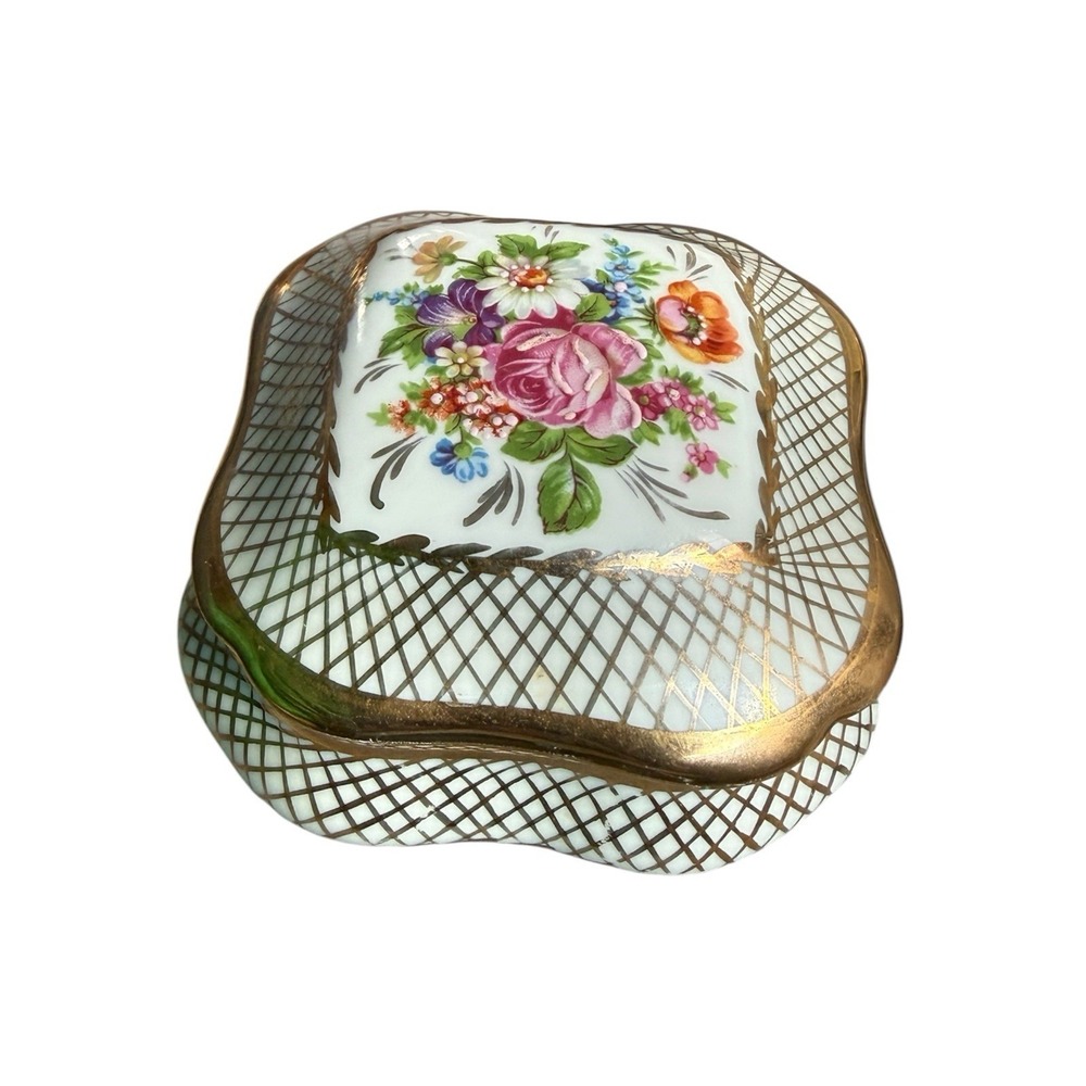Limoges Porcelain Trinket Box – Décor Madaug Paris – Floral & Gold Lattice